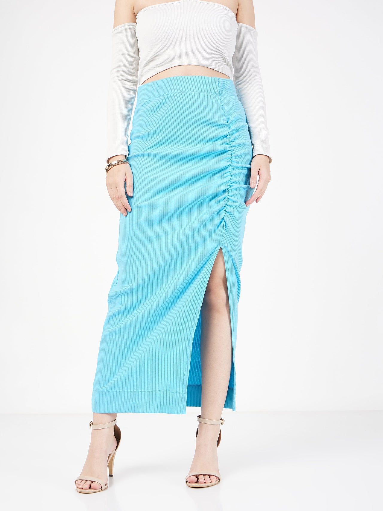 Lyush Women Turquoise Rib Front Ruched Midi Skirt - Distacart