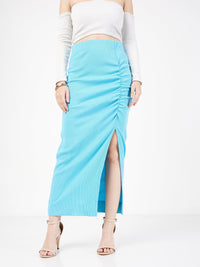 Thumbnail for Lyush Women Turquoise Rib Front Ruched Midi Skirt - Distacart