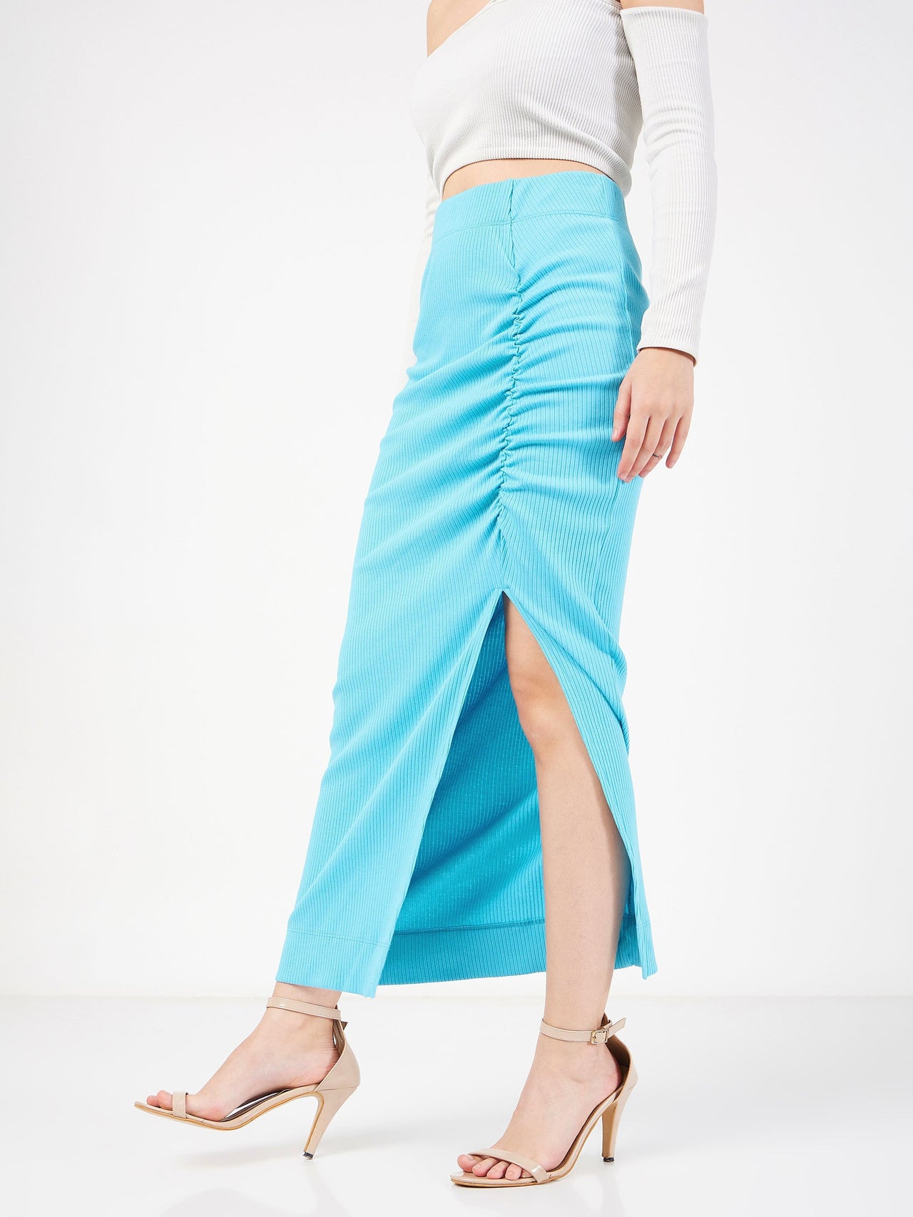 Lyush Women Turquoise Rib Front Ruched Midi Skirt - Distacart