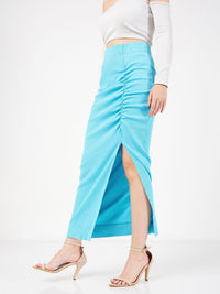 Thumbnail for Lyush Women Turquoise Rib Front Ruched Midi Skirt - Distacart