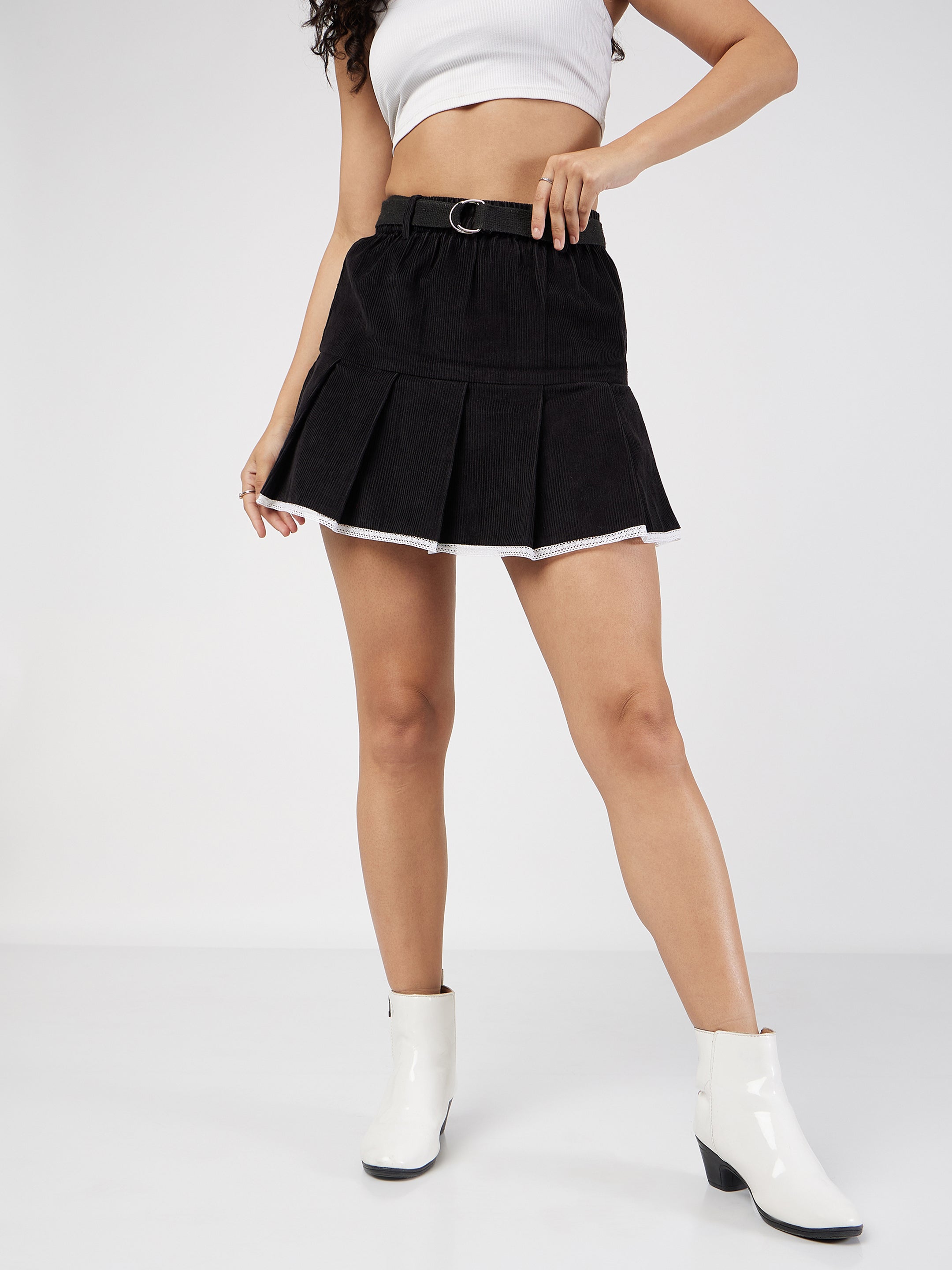 Buy Lyush Women Black Corduroy Pleated Mini Skirt Online at Best