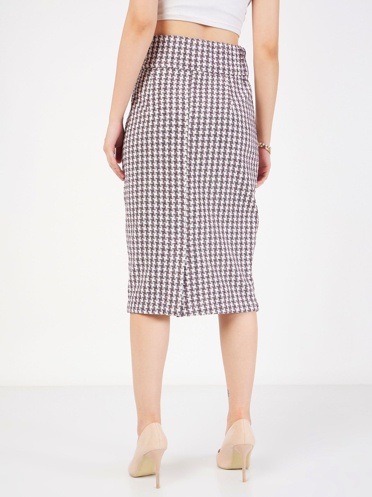 Lyush Women Burgundy Geometrical Jacquard Tweed Pencil Skirt - Distacart
