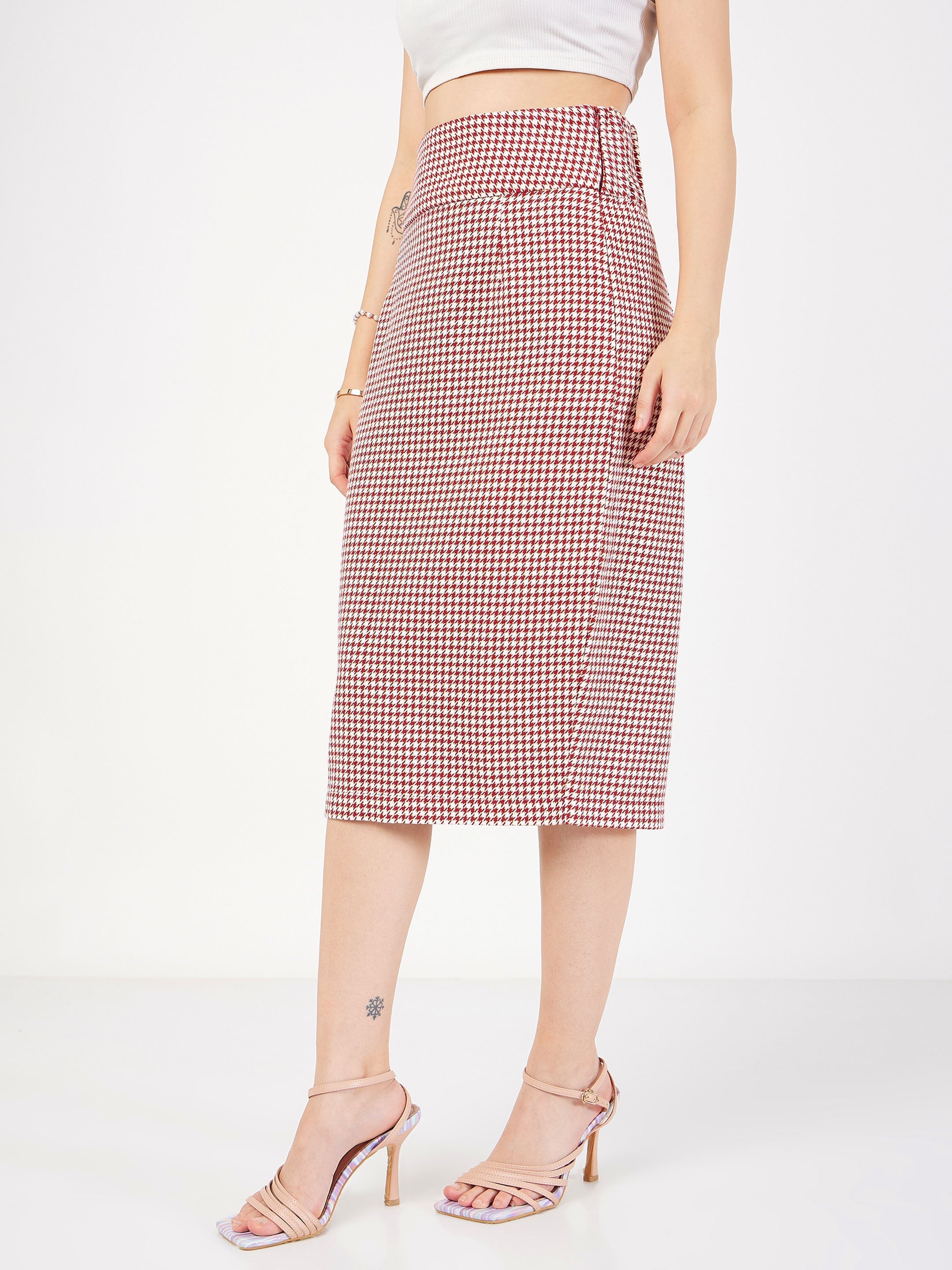 Buy Lyush Women Red Houndstooth Jacquard Tweed Pencil Skirt Online