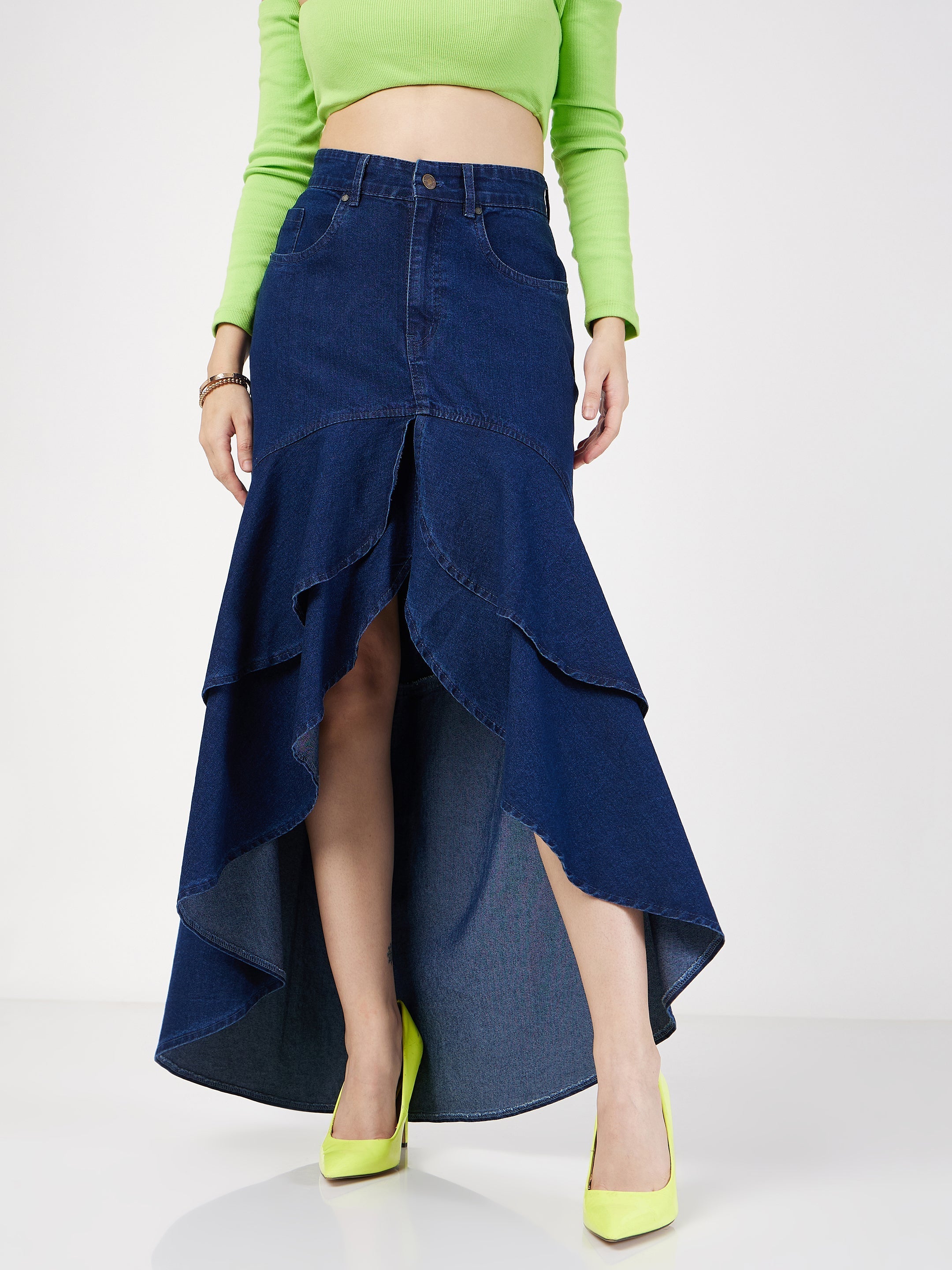 Buy Lyush Women Navy Blue Denim Ruffle High Low Skirt Online at