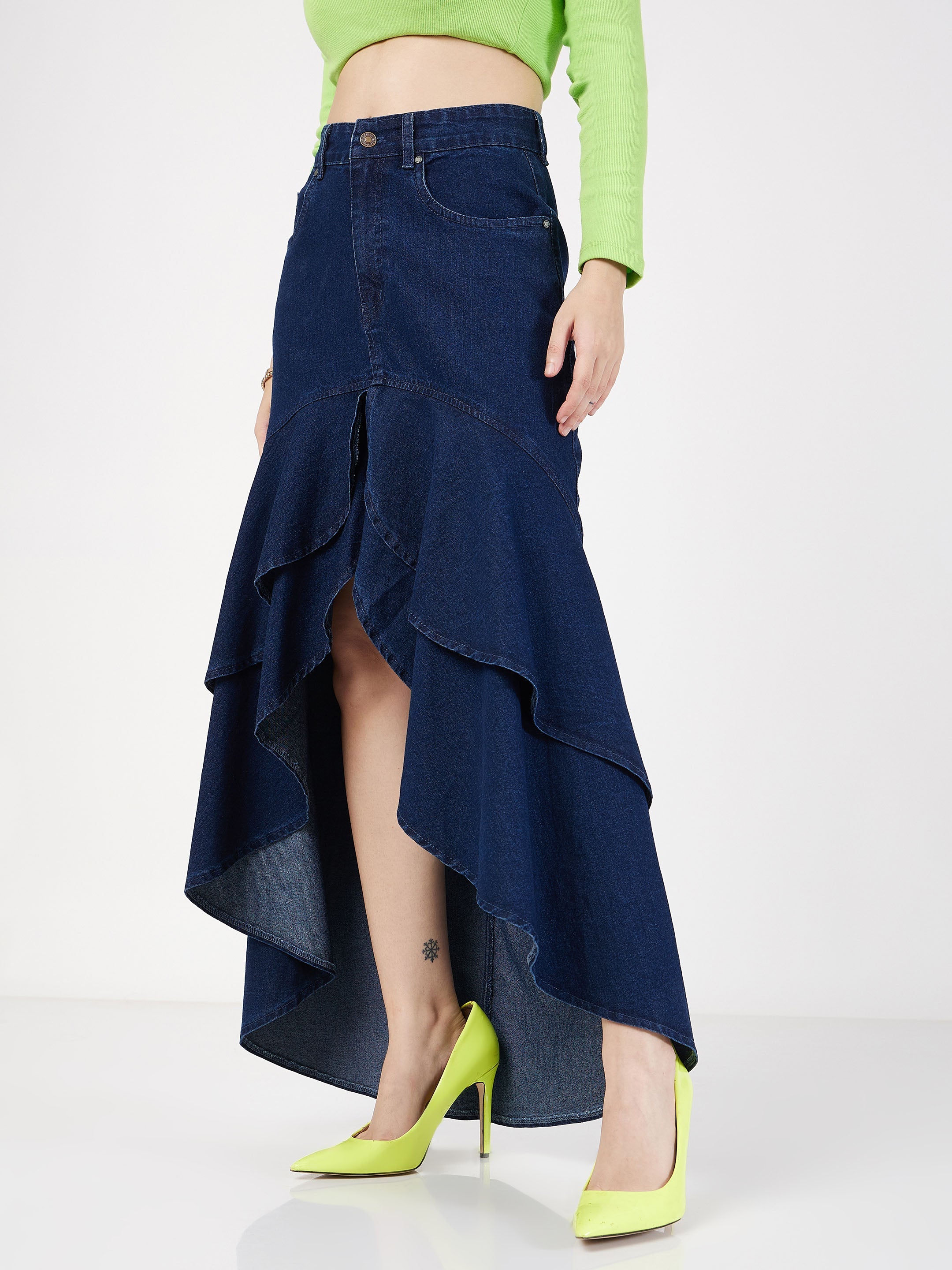 Buy Lyush Women Navy Blue Denim Ruffle High Low Skirt Online at