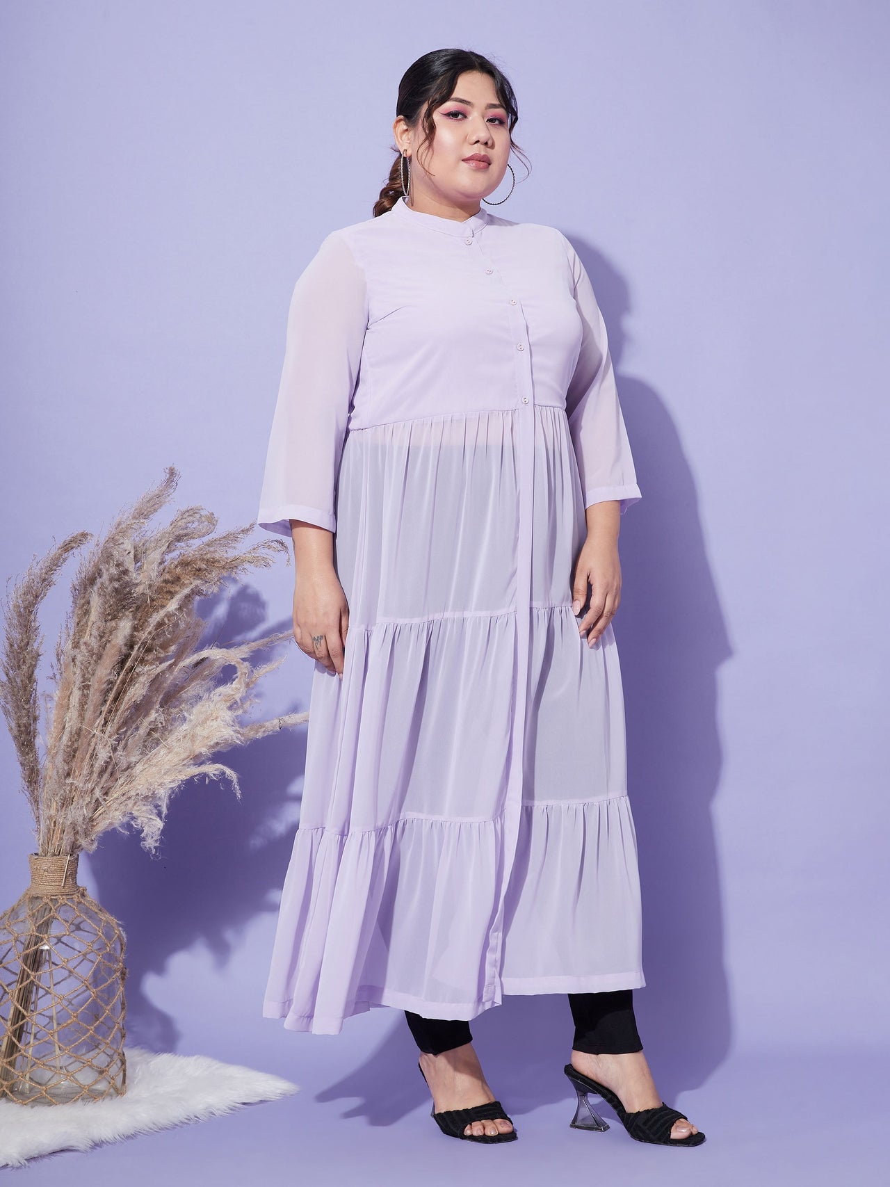 Lyush Women Lavender Front Open Sheer Tiered Maxi Top - Distacart