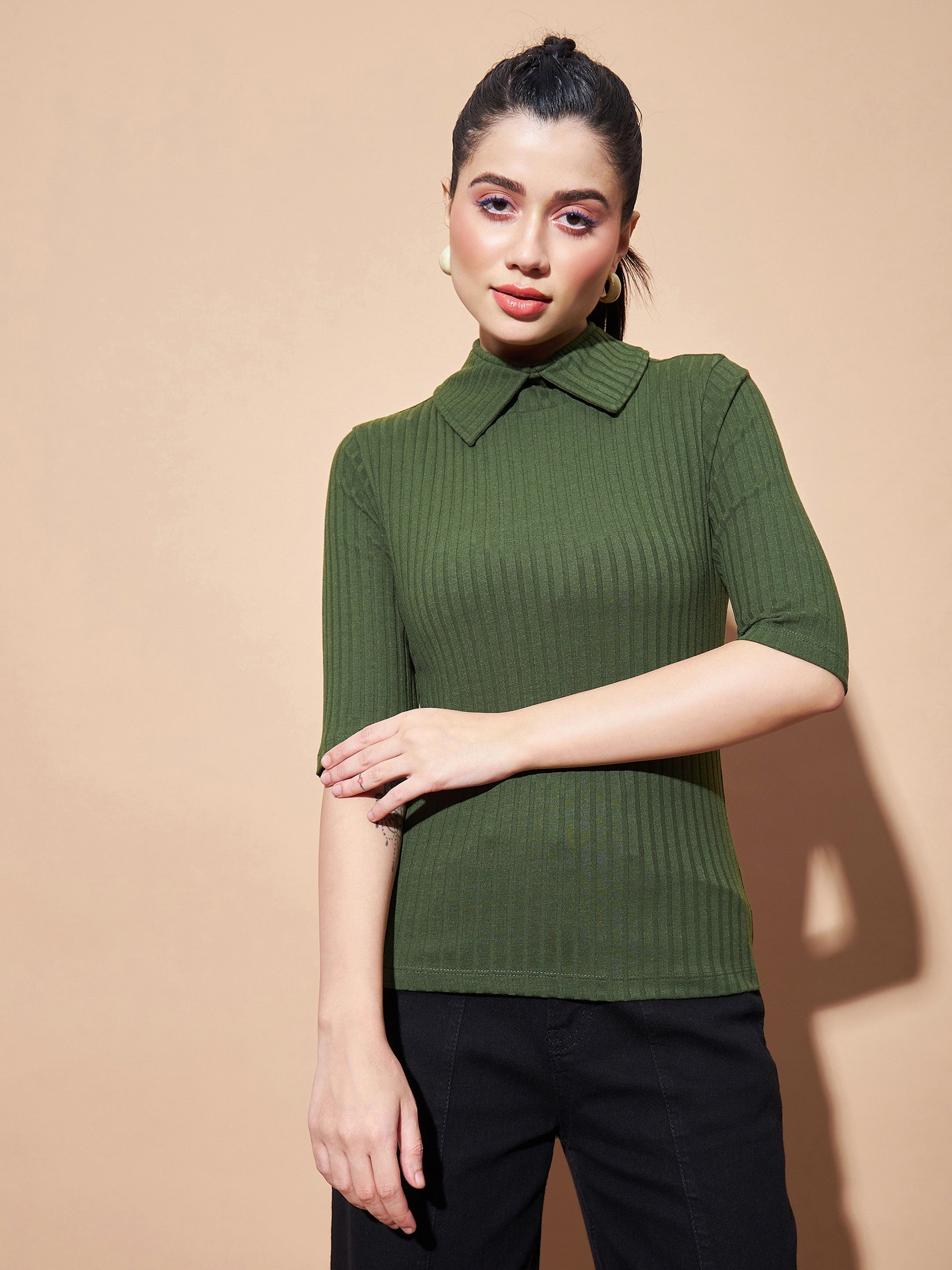 Buy Lyush Women Olive Stand Up Collar Rib Top Online at Best Price