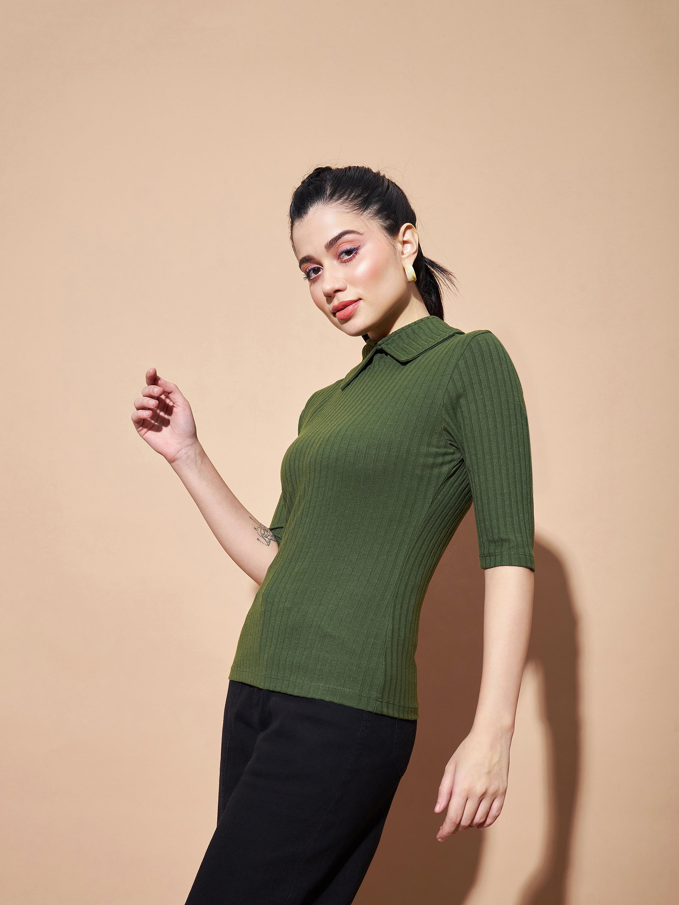 Buy Lyush Women Olive Stand Up Collar Rib Top Online at Best Price