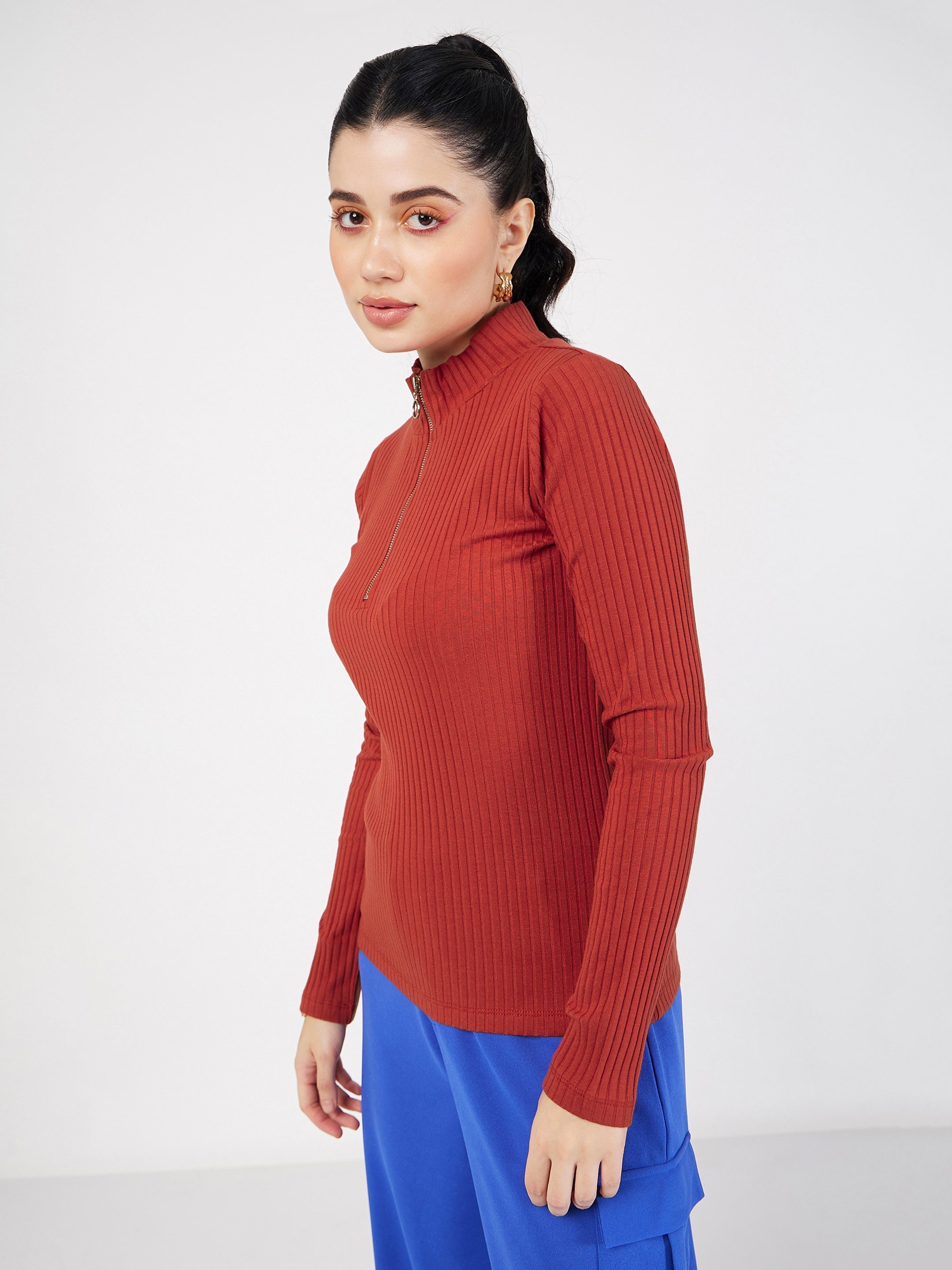 Buy Lyush Women Rust Rib Front Zipper Full Sleeves Top Online at