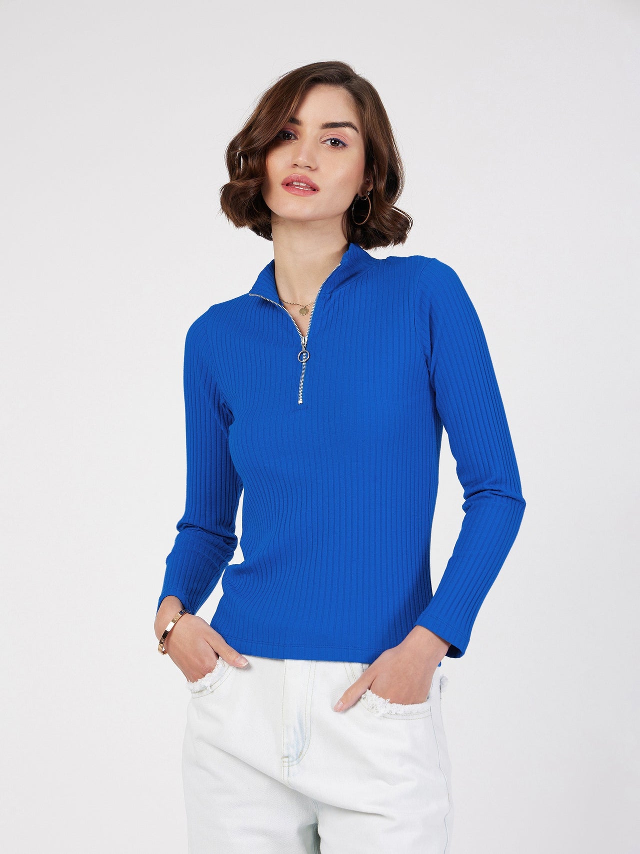 Lyush Women Royal Blue Rib Front Zipper Full Sleeves Top - Distacart