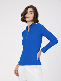 Thumbnail for Lyush Women Royal Blue Rib Front Zipper Full Sleeves Top - Distacart