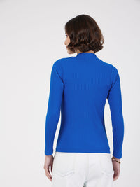 Thumbnail for Lyush Women Royal Blue Rib Front Zipper Full Sleeves Top - Distacart