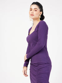 Thumbnail for Lyush Women Purple Rib Square Neck Full Sleeves Top - Distacart