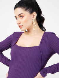 Thumbnail for Lyush Women Purple Rib Square Neck Full Sleeves Top - Distacart