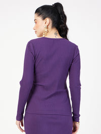 Thumbnail for Lyush Women Purple Rib Square Neck Full Sleeves Top - Distacart