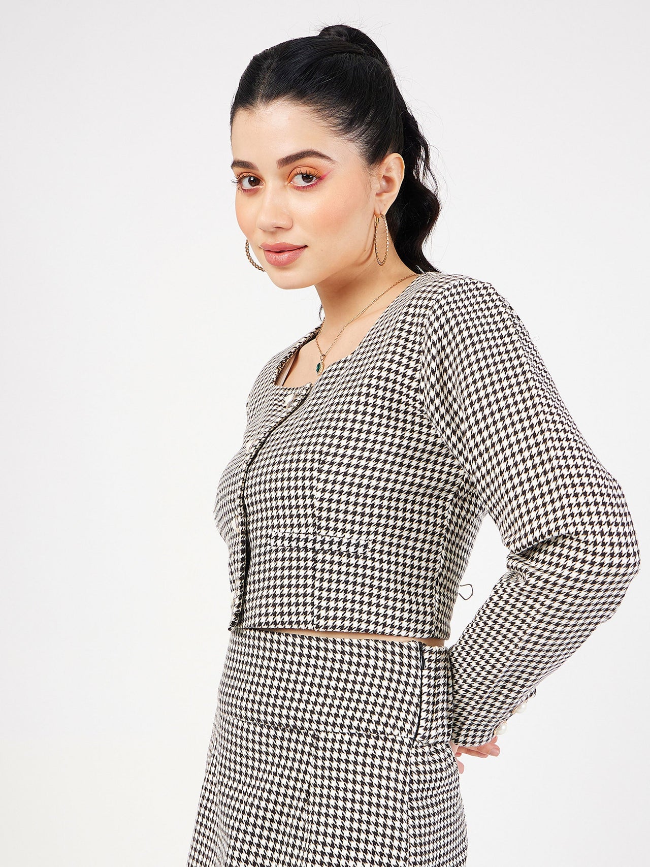 Lyush Women Black Houndstooth Tweed Square Neck Top - Distacart