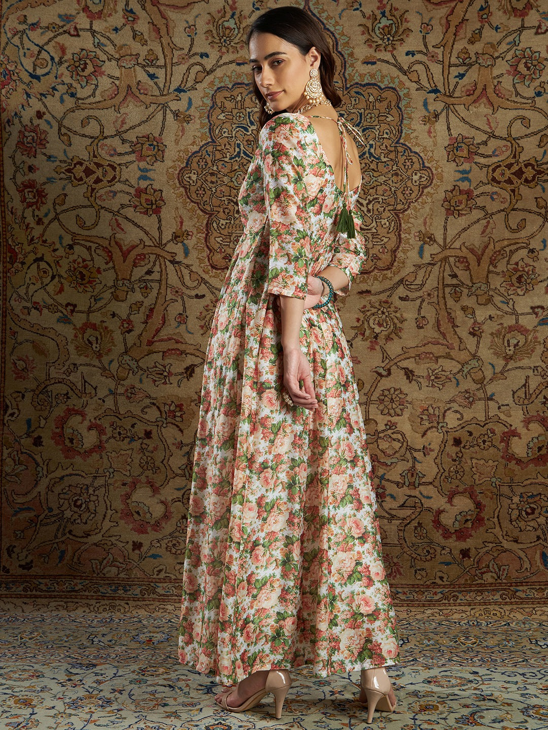 Floral Printed Schiffili Embroidered Tasseled Anarkali Maxi Dress - Se –  FASHOR