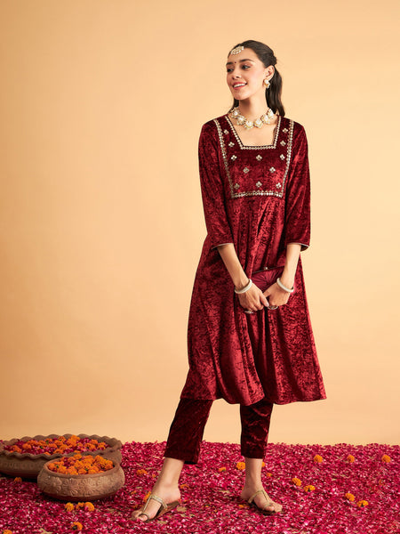 Lyush Women Maroon Velvet Embroidered Anarkali Dress - Distacart