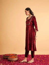 Thumbnail for Lyush Women Maroon Velvet Embroidered Anarkali Dress - Distacart