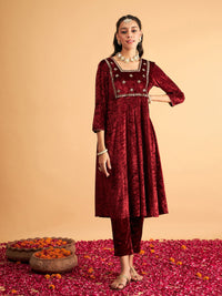 Thumbnail for Lyush Women Maroon Velvet Embroidered Anarkali Dress - Distacart