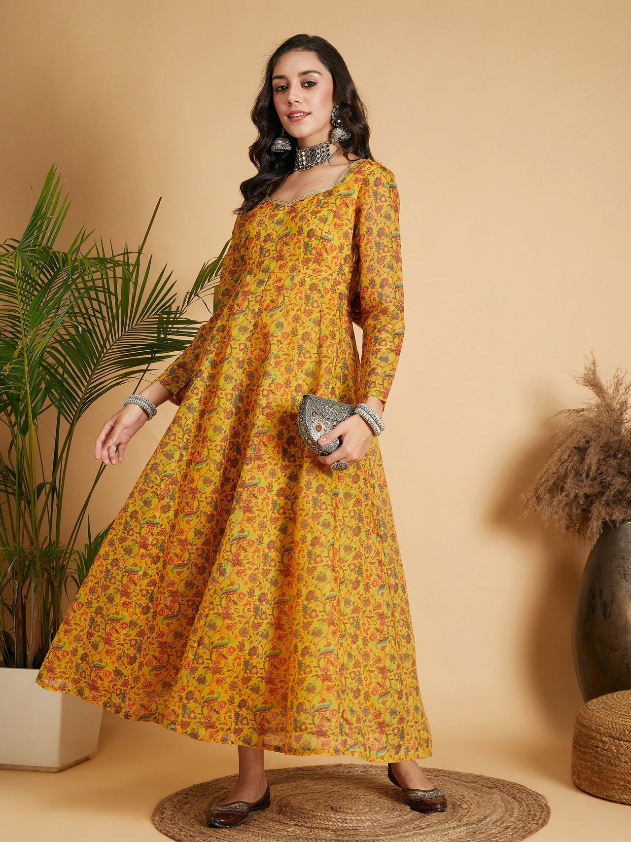 Lyush Women Mustard Floral Anarkali Maxi Dress - Distacart