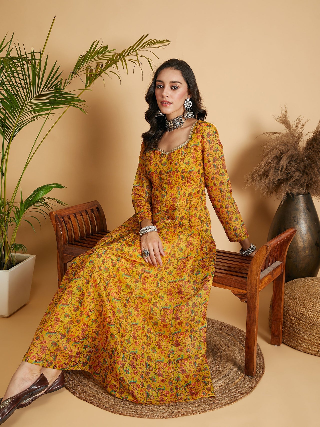 Lyush Women Mustard Floral Anarkali Maxi Dress - Distacart