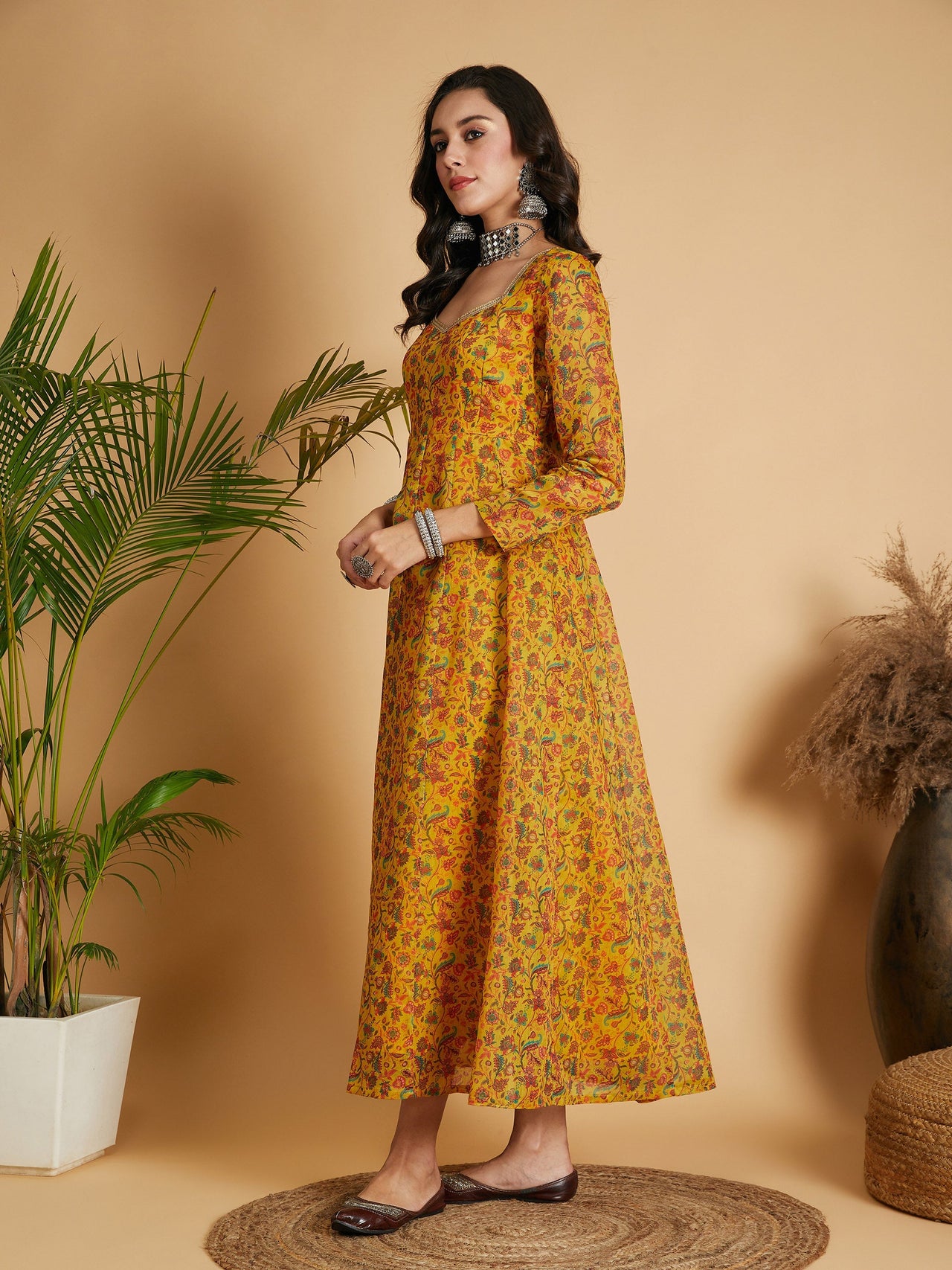 Lyush Women Mustard Floral Anarkali Maxi Dress - Distacart