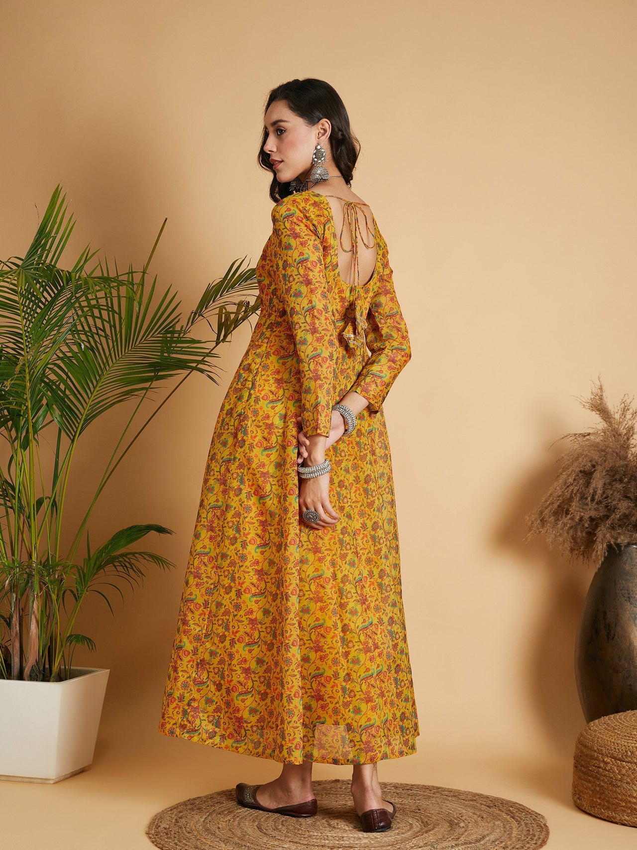 Lyush Women Mustard Floral Anarkali Maxi Dress - Distacart