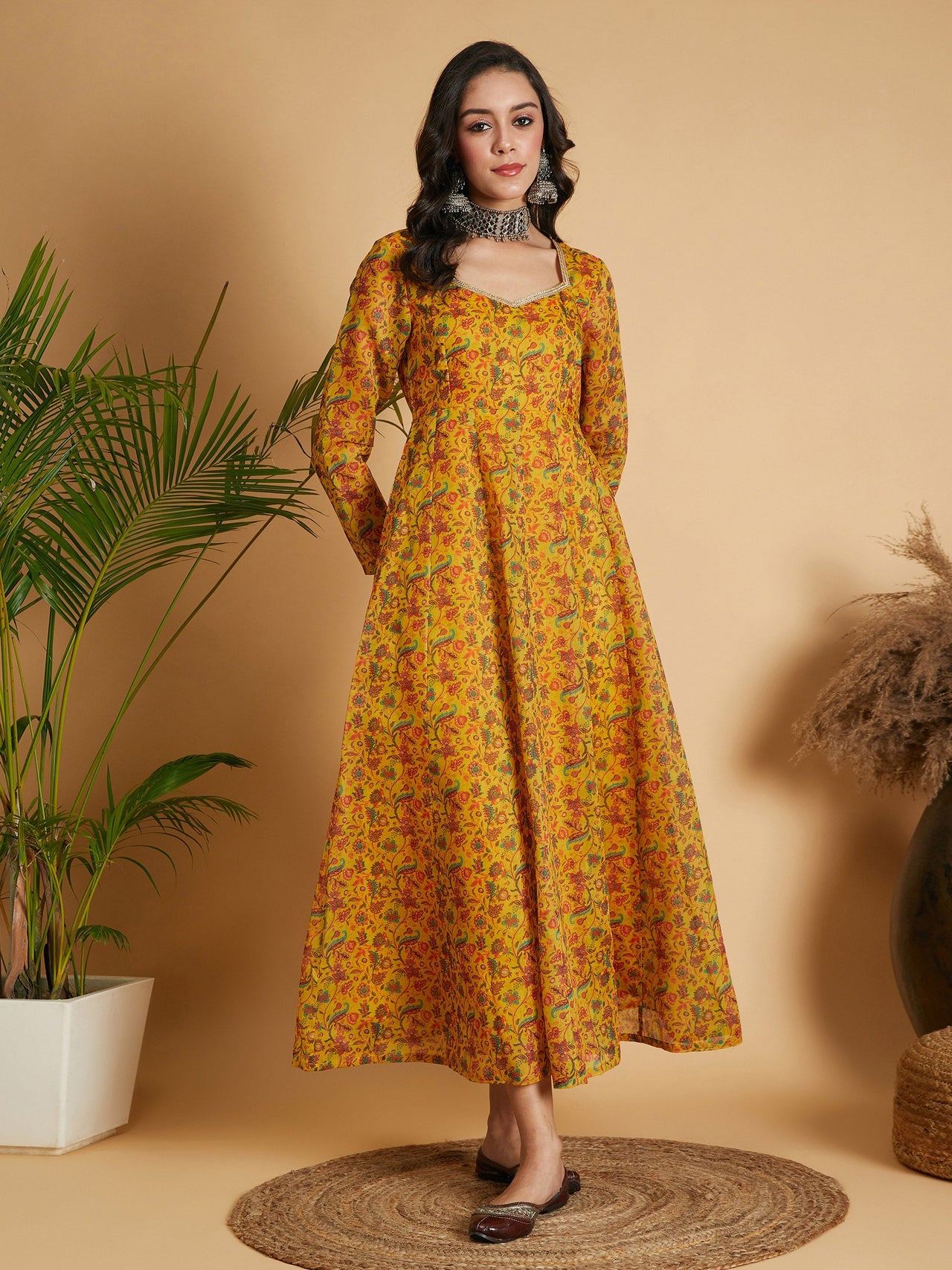 Lyush Women Mustard Floral Anarkali Maxi Dress - Distacart