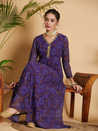 Thumbnail for Lyush Women Purple & White Bandhej Anarkali Dress - Distacart