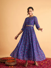 Thumbnail for Lyush Women Royal Blue & White Bandhej Anarkali Dress - Distacart