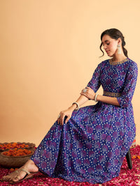 Thumbnail for Lyush Women Royal Blue & White Bandhej Anarkali Dress - Distacart