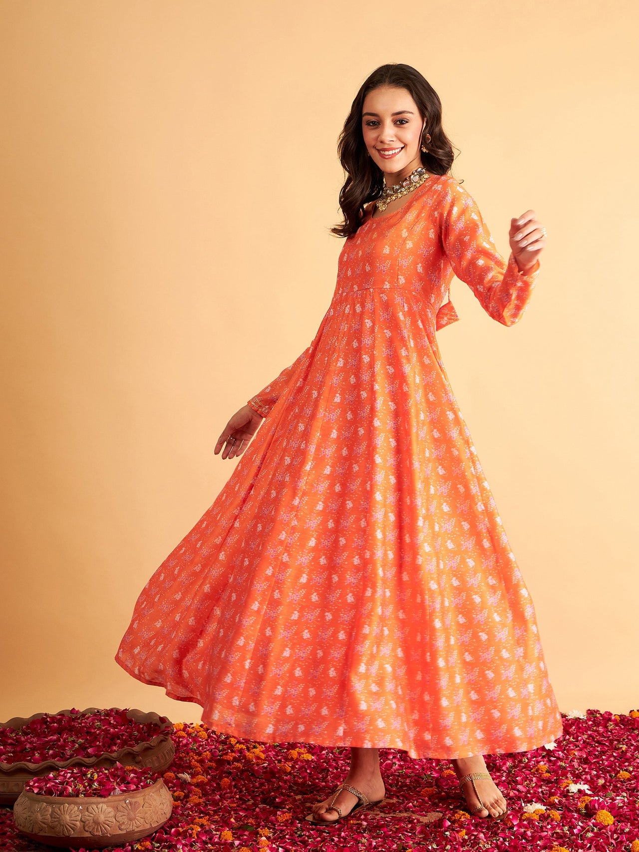 Lyush Women Orange Floral Anarkali Maxi Dress - Distacart