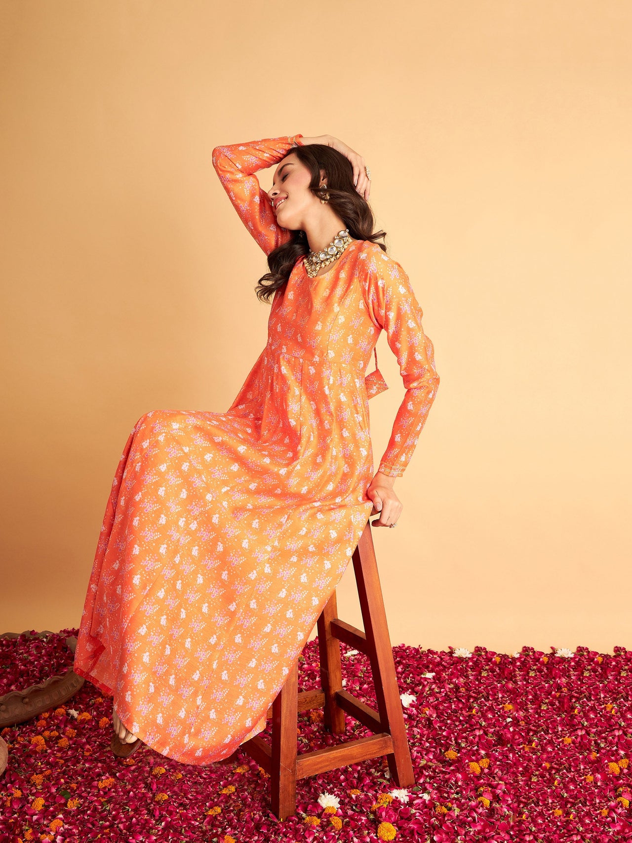 Lyush Women Orange Floral Anarkali Maxi Dress - Distacart