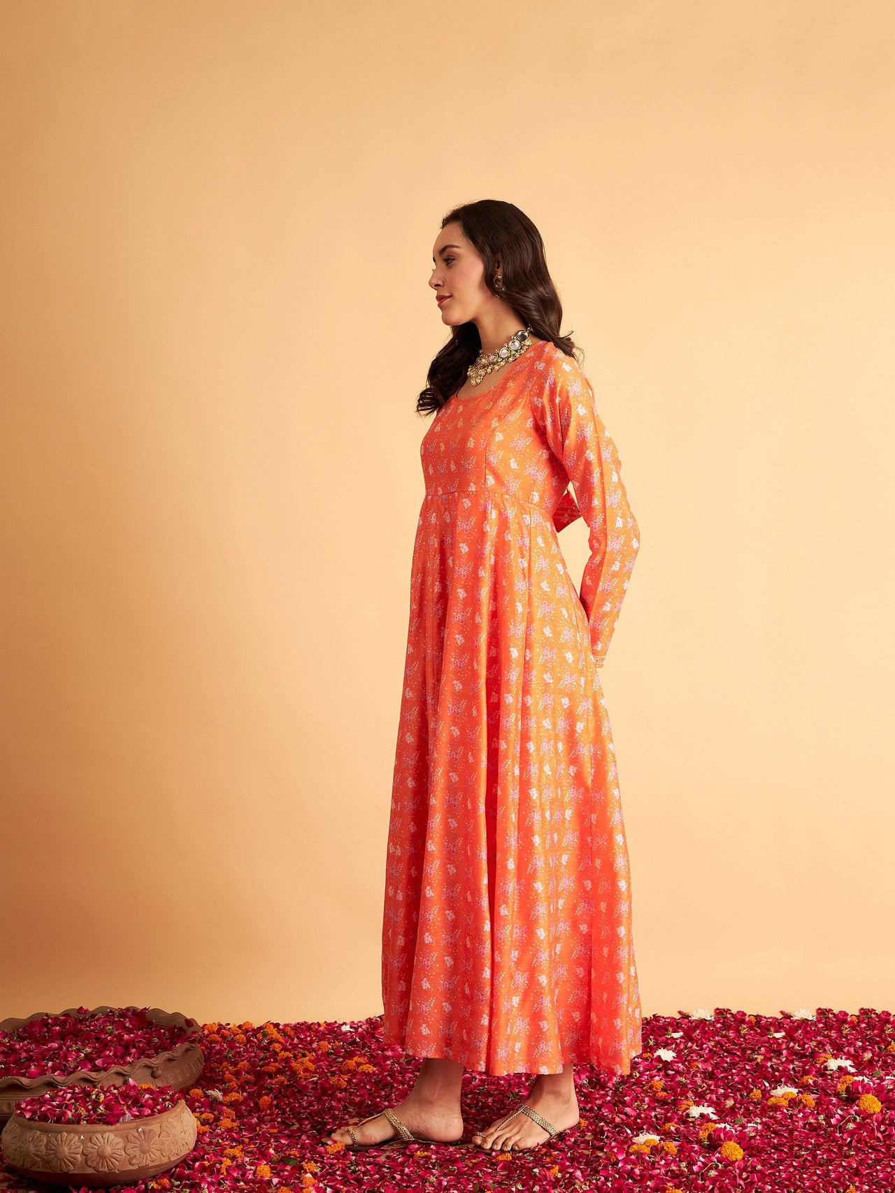 Lyush Women Orange Floral Anarkali Maxi Dress - Distacart