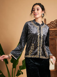 Thumbnail for Lyush Women Grey Velvet Embroidered Jacket - Distacart