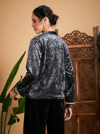 Thumbnail for Lyush Women Grey Velvet Embroidered Jacket - Distacart