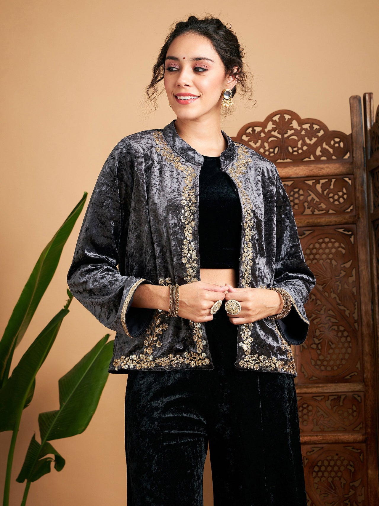 Lyush Women Grey Velvet Embroidered Jacket - Distacart