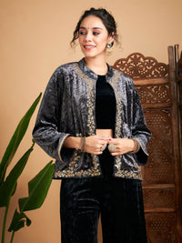 Thumbnail for Lyush Women Grey Velvet Embroidered Jacket - Distacart