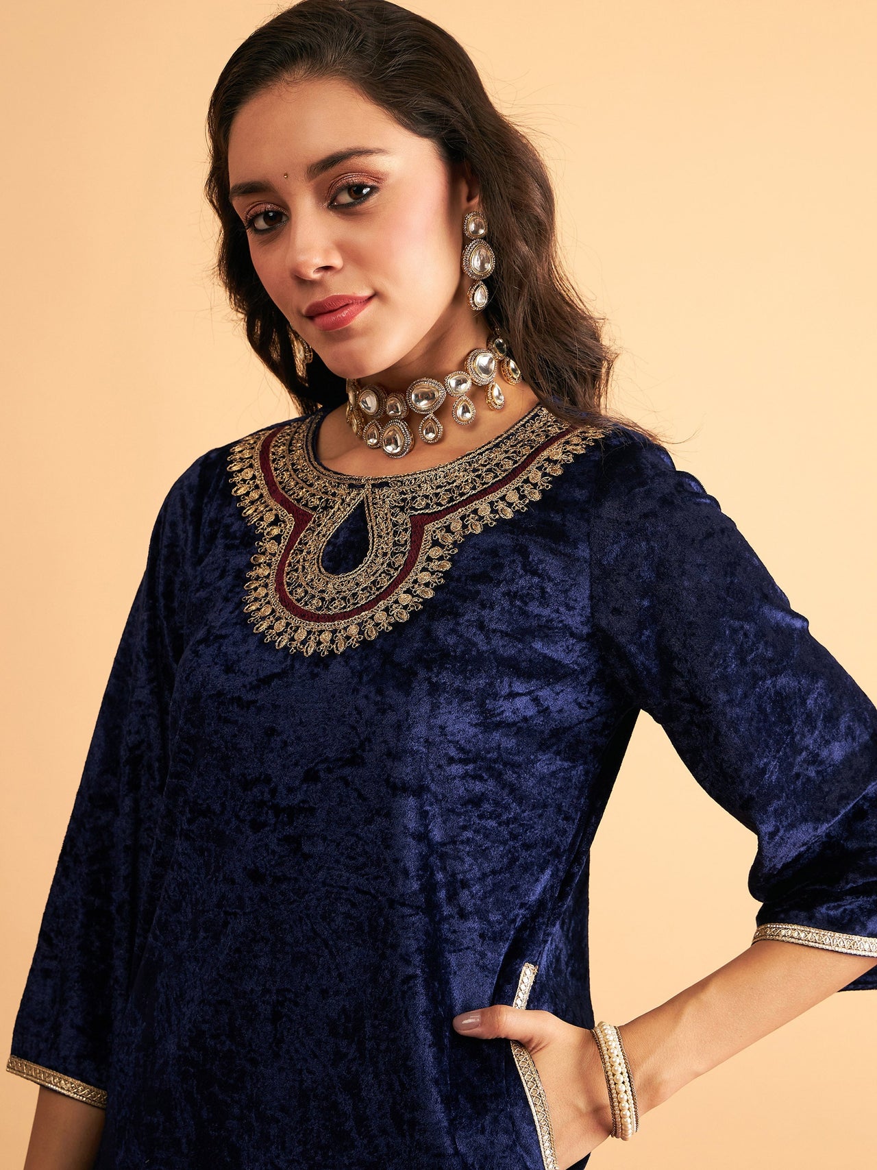 Lyush Women Navy Blue Velvet Front Zari Embroidered Straight Kurta - Distacart