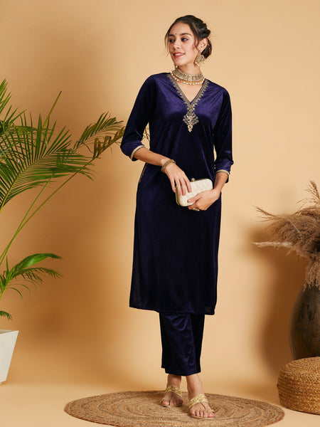 Lyush Women Navy Velvet Embroidered Pocket Straight Kurta - Distacart