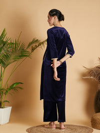 Thumbnail for Lyush Women Navy Velvet Embroidered Pocket Straight Kurta - Distacart