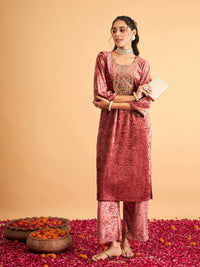 Thumbnail for Lyush Women Pink Velvet Embroidered Straight Kurta - Distacart