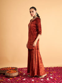 Thumbnail for Lyush Women Rust Velvet Sequence Embroidered Short Kurta - Distacart