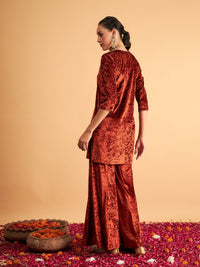 Thumbnail for Lyush Women Rust Velvet Sequence Embroidered Short Kurta - Distacart