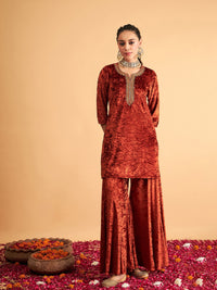 Thumbnail for Lyush Women Rust Velvet Sequence Embroidered Short Kurta - Distacart