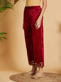 Thumbnail for Lyush Women Fuchsia Velvet Embroidered Straight Pants - Distacart