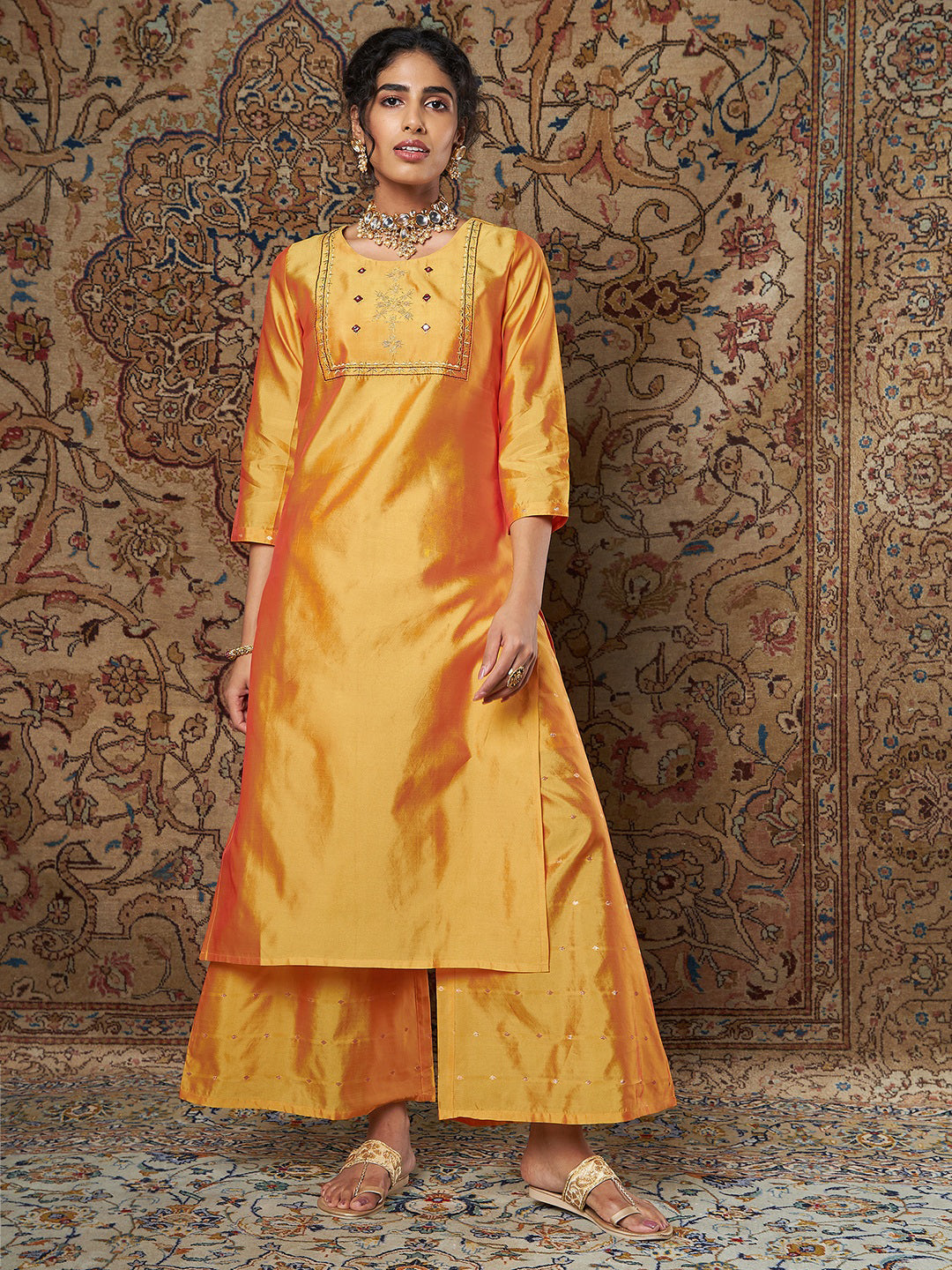 Lyush Women's Mustard Zari Embroidered Kurta With Palazzo Pants - Distacart