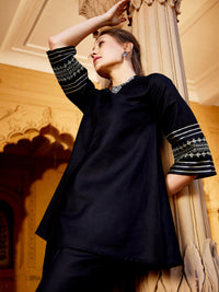 Thumbnail for Lyush Women Black Embroidered Sleeve Shirt Kurti With Palazzos - Distacart