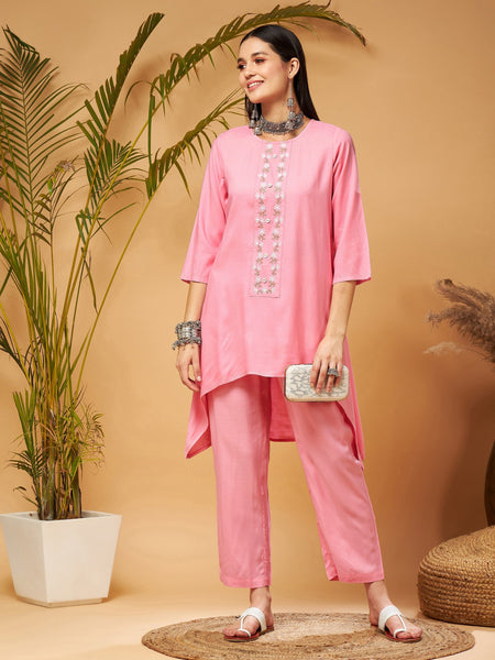 Lyush Women Pink Embroidered High Low Kurta With Pants - Distacart